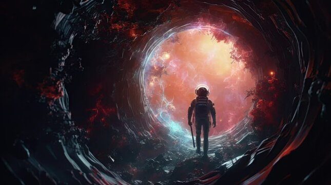 Astronaut Entering Portal to Another Galaxy: Interstellar Journey Seamless looping 4k time-lapse virtual video animation background. Generated AI