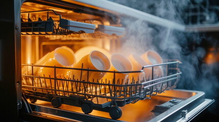 Open Dishwasher With Steam and Clean white Dishes in yellow light Inside