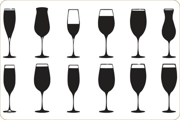 silhouettes of champagne glasses, Champagne glasses silhouettes icon set, Set of glasses vector, Vector illustration of champagne glasses