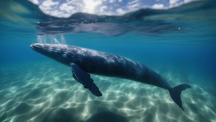 Fototapeta premium A Baby Humpback Whale Plays Near the Surface in Blue Water