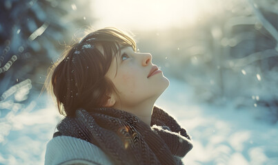 A woman wearing a shawl looking up at the warm, snowy winter sky, Generative AI