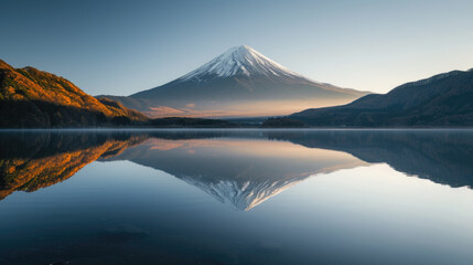 Tranquil dawn with volcanic mountains reflected on pristine lake surface