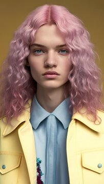 Vertical video portrait of beautiful androgyne man. Transgender model with pink wavy hair on studio background