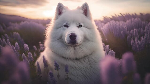 Video portrait of beautiful white samoyed dog sits on purple lavender field at sunset.