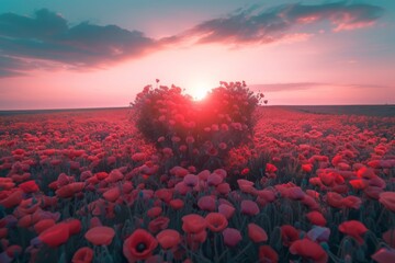 symbol of love and nature, a heart-shaped patch of red flowers blooms peacefully against a backdrop of a breathtaking sunset