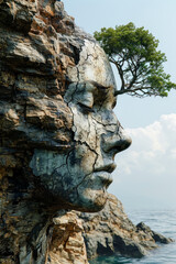Fototapeta na wymiar Monumental Stone Head of a Woman in Nature Wallpaper Background Poster Illustration Digital Art Cover Brainstorming