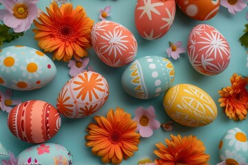 Easter eggs and flowers on a blue background, top view. Generated ai