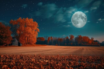 Nighttime scene of a field with a barn and a full moon - obrazy, fototapety, plakaty