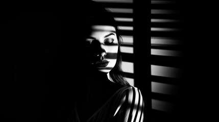 A monochrome image featuring a person with shadows from blinds casting stripes across their face and shoulder