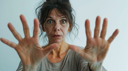 I'm afraid. Portrait of a frightened adult woman with a bruise or abrasion on the face, on a white background extends arms forward in defense - obrazy, fototapety, plakaty