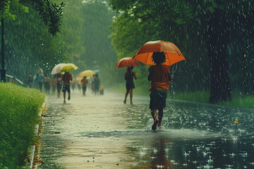 children walking in the rain