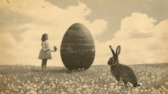Vintage card Girl with Giant Egg, Sepia-toned image of a young girl standing next to an oversized speckled egg, with a vintage aesthetic, easter theme