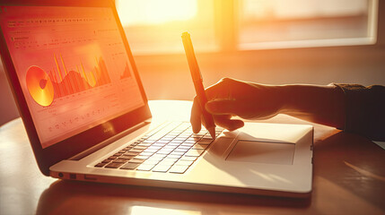 A person analyzing graphs on a laptop screen with a stylus during sunset highlighting business productivity and data interpretation