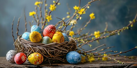 Easter-themed arrangement of eggs in a wicker basket and branches, suitable for a holiday card.