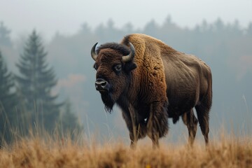 The European buffalo (Bison bonasus) is seen in the wilderness.