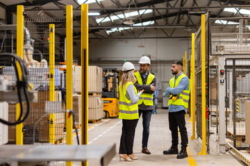 Portrait of workers taking break from work, talking with colleagues and resting. Having friendly conversation with manger.