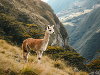 A single alpaca wondering through wild nature. 