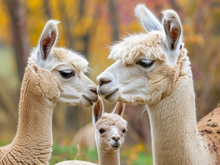 Obraz premium Close up of alpacas with a young ones.