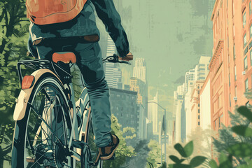 City bike cyclists shown in a contemporary athletic abstract design of a green environment cityscape, stock illustration image - obrazy, fototapety, plakaty