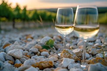 French white wine from vineyards in France with flint pebbles soil near Burgundy. - obrazy, fototapety, plakaty