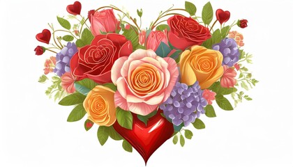 heart shaped bouquet of roses and flowers on white background, valentine's day flowers