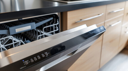 Close-Up of Open Dishwasher in a Sleek Modern Kitchen, view above