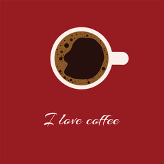 Vector drawing of a cup of coffee on a colored background and an inscription. Banner, poster, flyer, card template, coffee design. Vector file, design elements.