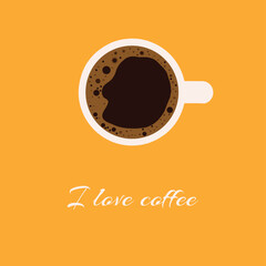 Vector drawing of a cup of coffee on a colored background and an inscription. Banner, poster, flyer, card template, coffee design. Vector file, design elements.