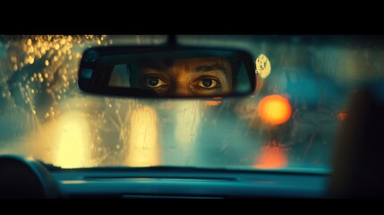 Intense Gaze Reflected in Rearview Mirror on Rainy Evening, taxi driver