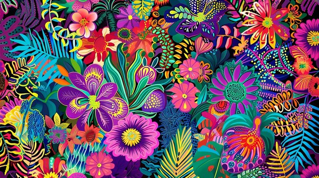  Very colorful image of a flowers and plants, in the style of intricate textile designs, bright colors, bold shapes, intricate illustrations art, junglepunk, pictorial fabrics, intricate foliage.