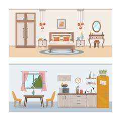 Apartment inside. Set with interiors, bathroom, living room and bedroom. Furnished rooms. Flat vector illustration of rooms with furniture.