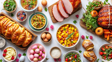 Traditional Easter dinner or brunch with ham, colored eggs, hot cross buns, cake and vegetables. Easter meal dishes with holyday decorations. Top view