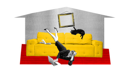 Young woman in formal wear lying on couch with cat and working on laptop in lazy relaxed pose at...