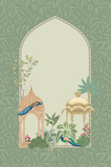 Traditional Mughal decorative garden with arch, peacock seamless pattern frame for invitation - obrazy, fototapety, plakaty