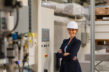 Female manager standing in modern industrial factory. Manufacturing facility with robotics and automation. Female leader, CEO in heavy industry, manufactury.