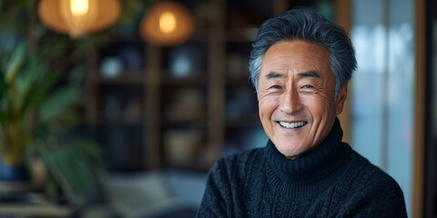 An aged Asian gentleman in a black jumper smiling joyfully while facing the camera.