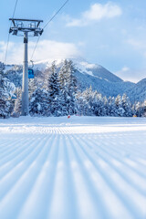 Groomed ski run and mountains, Bansko, Bulgaria