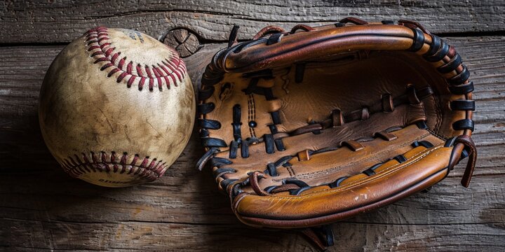 Vintage baseball and mitt on wooden backdrop.