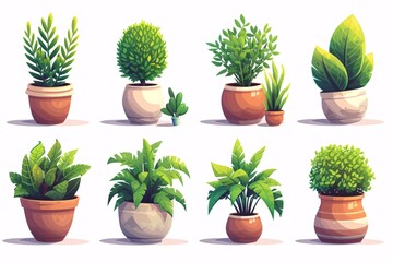 Fototapeta premium Set of 3D cartoon icons featuring potted plants, including a houseplant, tree, and grass.
