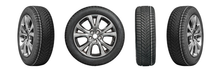 Collection car tires with alurim on free On isolated transparent PNG background.