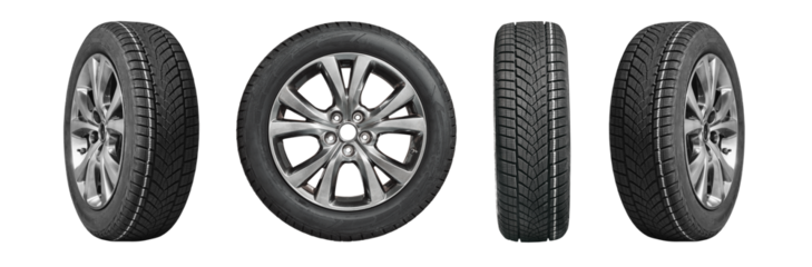 Collection car tires with alurim on free On isolated transparent PNG background.