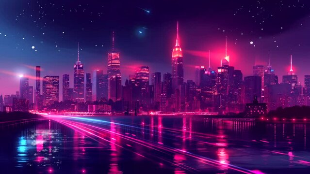 Vibrant urban cityscape with captivating neon effects. seamless looping 4k time-lapse animation video background 
