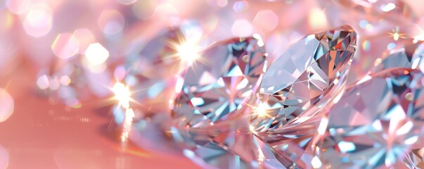 close up Brilliant cut diamonds sparkle intensely, scattered on a reflective surface with a pink soft focus on the background, highlighting the gem's exquisite facets and clarity - obrazy, fototapety, plakaty