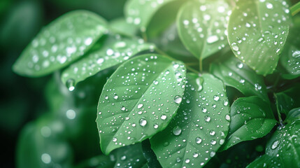 雨上がりのぷっくりした水滴がたくさんついている緑の葉っぱのアップの写真、背景光のボケ - obrazy, fototapety, plakaty