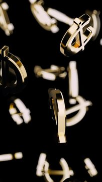 Vertical Endlessly Falling Gold Cedi Symbol on a Black Background