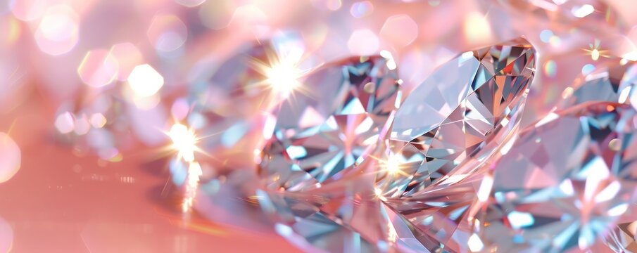 close up Brilliant cut diamonds sparkle intensely, scattered on a reflective surface with a pink soft focus on the background, highlighting the gem's exquisite facets and clarity