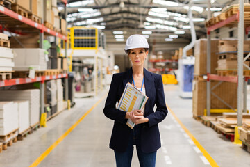 Female warehouse manager standing in modern industrial factory. Manufacturing facility with...