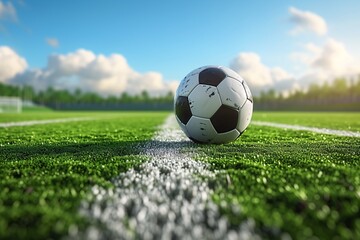 3D illustration of a textured soccer field with a ball at the center midfield.