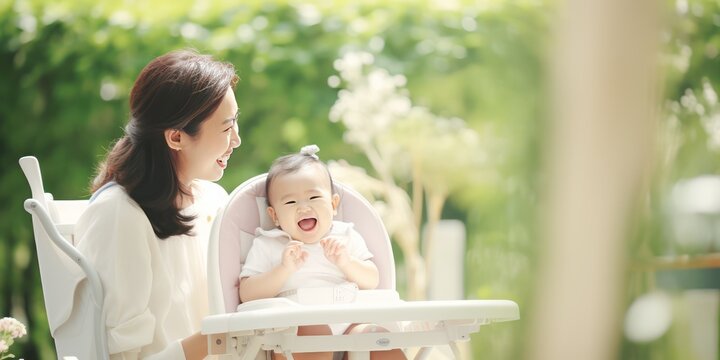 a mother is feeding her baby sitting in a baby chair with a cheerful face with a garden background, bokeh background, copy space