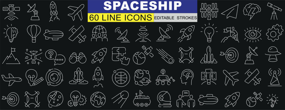 Spaceship icons vector set. Perfect for web design, apps, software, print. Detailed, varied, high quality graphics. Space exploration and astronautics technology innovation